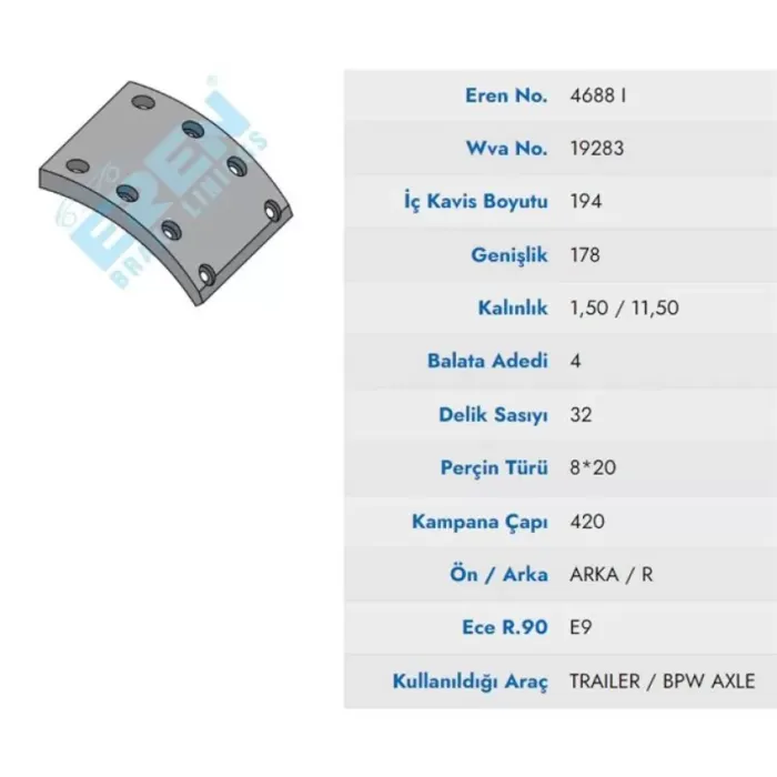 Dingil Fren Balatasi Pabuc Saf Dingil | EREN 4688 M71 | OEM 19283-19284