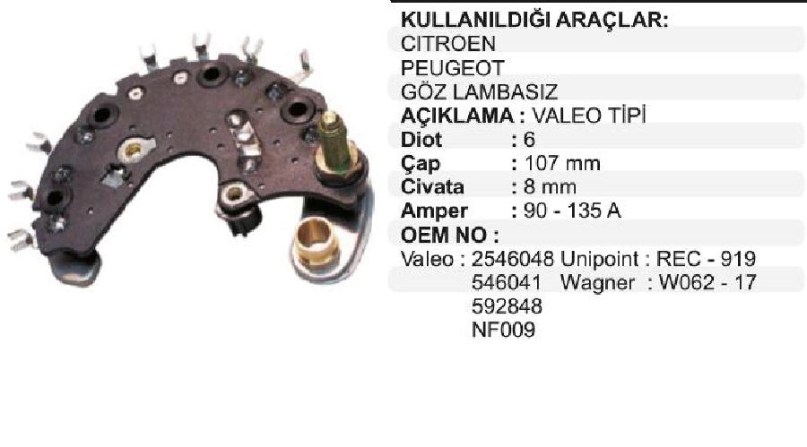 Diyot Tablası Valeo Tip - Citroen Xantıa 1.9D, Peugeot 0405 1.7TD, 1.9, Audi, 6D 8mm Lamba Diyotsuz | OEM 01655