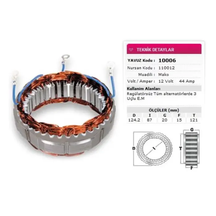 Stator Mako Tip 12V 44A 3 Uclu Em Nursan 110012 | YAVUZ 10 006