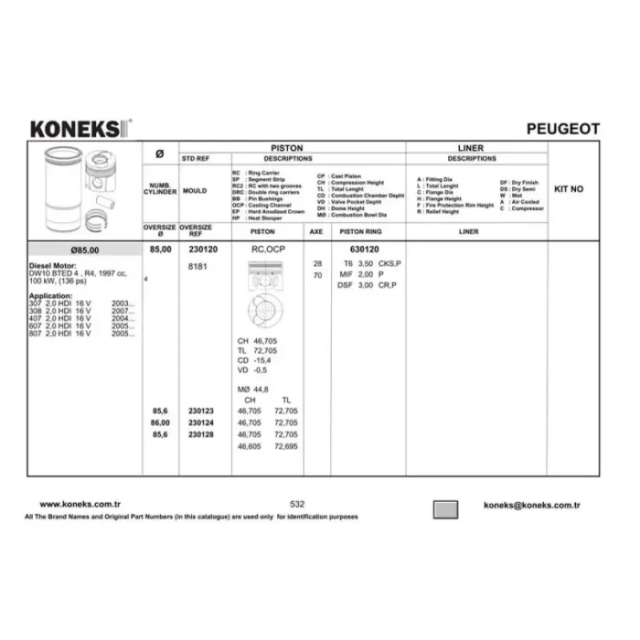 Piston Segman (85,00MM) / (Std) P407 P307 Scudo 3 Expert 3 P308 P3008 P607 C5 C6 C8 Jumpy 3 DW10BTED4 (2,0HDI 16V) Mondeo Focus C Max Kuga G6DA 2,0TDCI 130PS / 140PS | KONEKS 230120 | OEM