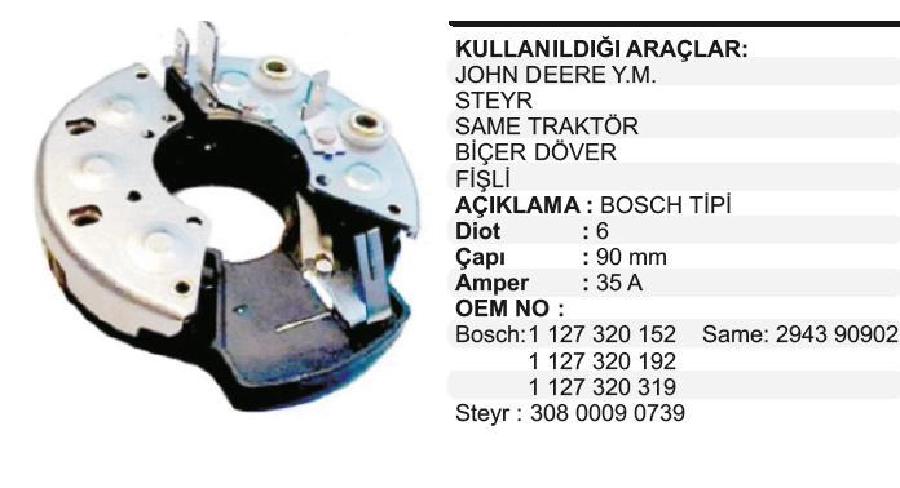 Diyot Tablası Bosch Tip 90mm Fiat, Same Traktör, Steyr, Johndeere (Fişli) | OEM RB10H