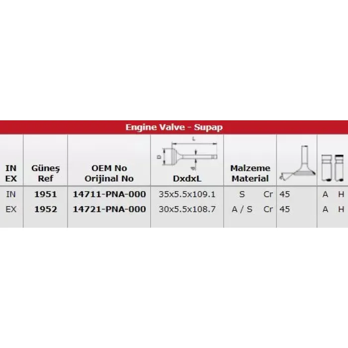 Subap Takimi Honda Crv Accord Frv 2,0 16V (K20A4 K20A6 K20A9) / (16 Subap) | GUNES 1951-1952 | OEM 14711PNA000 14721PNA000