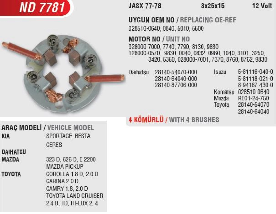 Marş Kömür Yuvası Kia Besta-Ceres, Mazda B2500 2.5D, Hilux 2.4D (Uygun Kömür: JASX77, 78) | OEM ND7781