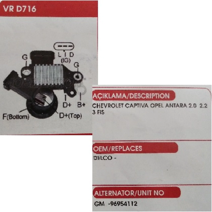 Konjektör Delco Tipi 2014 ve sonrası, 5V Chevrolet Captıva, Aveo, Lacetti 3 Fişli Soket (L I D) Uçlu ( D Ucu | OEM VRD716
