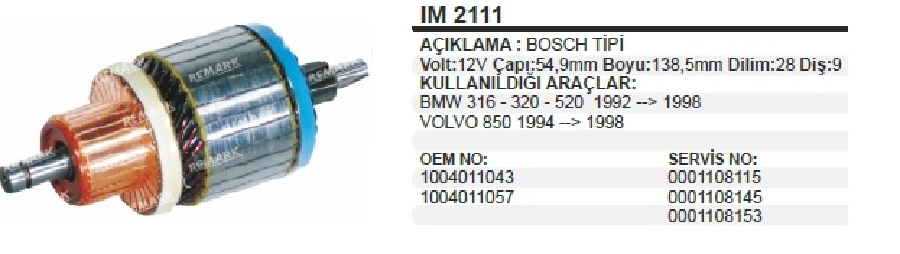 Marş Kollektörü Bosch Tipi 12V BMW 3.16, 3.20, 5.20 (92-98), Volvo 850 (94-98) BOY:138 CAP:55 DIS:9 DI | OEM IM2111