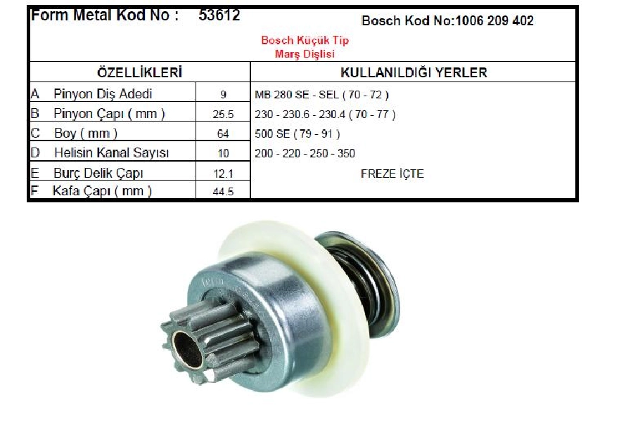 Marş Dişlisi 9D 10K - Bosch Tipi (0221) Mercedes 200,220,230,230S | OEM 53612