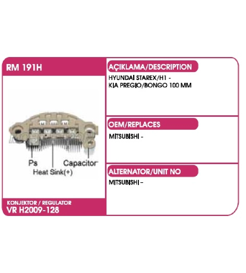 Diyot Tablası Mitsubishi Tip - 100mm Hyundai Starex, Kia Sorento 8X50 Amp (Vrh 2009-128) | OEM RM191H