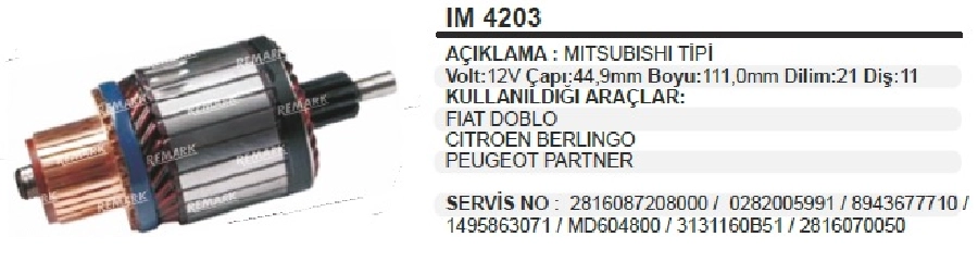 Marş Kollektörü 12V Mitsubishi Tipi Doblo, Partner, Citroen Berlingo ÇAP:44,9 BOY:111 Dilim:21 DİŞ:11 | OEM IM4203