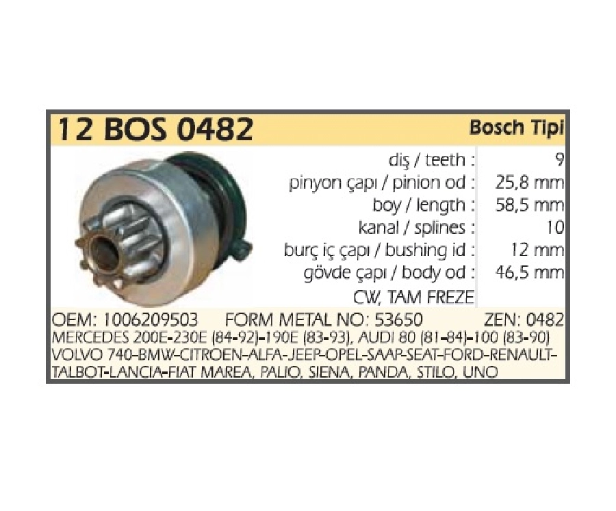 Marş Dişlisi Bosch Tipi 9 10K Dış 1006209504 Mb 190E, BMW, Audi, Ford, Peugeot, Opel, VW Golf -Jetta-Pa | OEM 12BOS0482