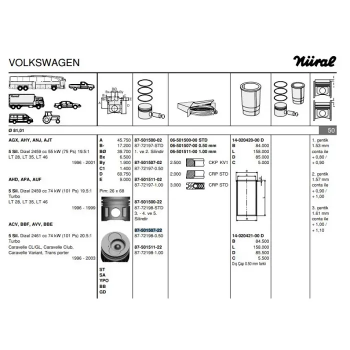 Piston+Segman (81,51MM 0,50 3 / 4 / 5 Pistonlar) LT28 LT35 LT46 T4 2,5TDI Acv Agx Ahd Ahy Ajt Anj Apa Auf Axg Axl Ayc Ayy Bbe Bbf | GOETZE 8772198050000G | OEM 074107065AA 074107103AA