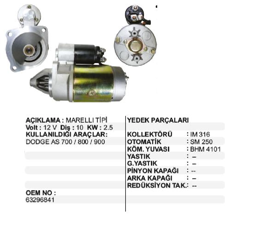 Marş Motoru 12V 10D 2,5 kW Mako Tipi Mf-165, 275, As-600-700-800-900 .Fm Dıslılı | OEM STR4652