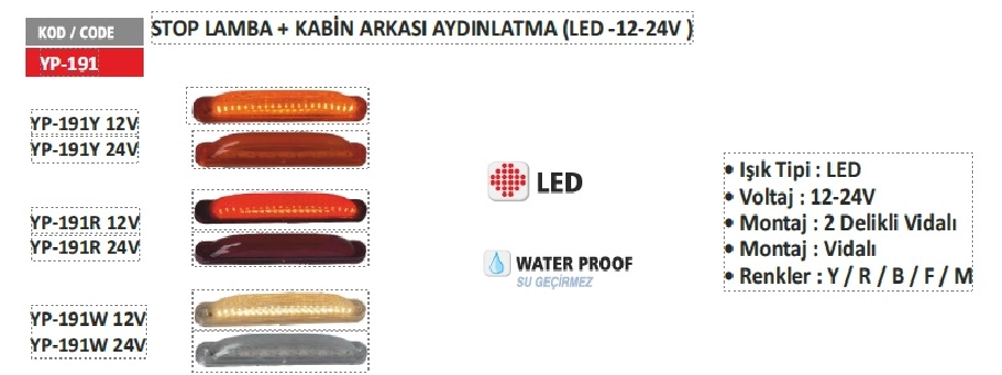 LED'li Kabin Arkası Beyaz | OEM YP191W-12V