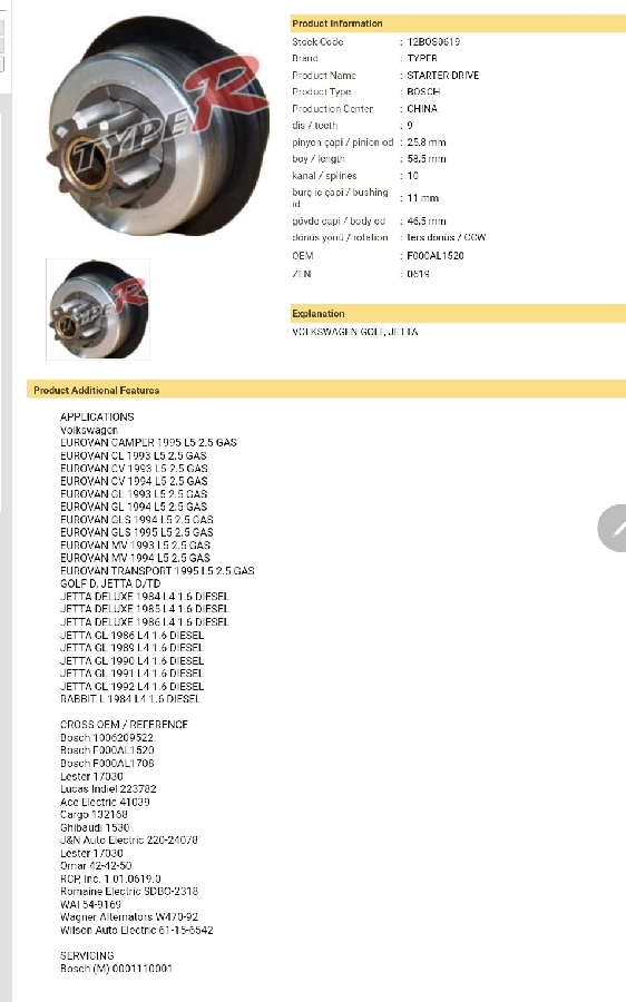 Marş Dişlisi 9D - Bosch Tipi VW Golf Dizel-Jetta Turbo Ters Dönüş CCW | OEM 12BOS0619