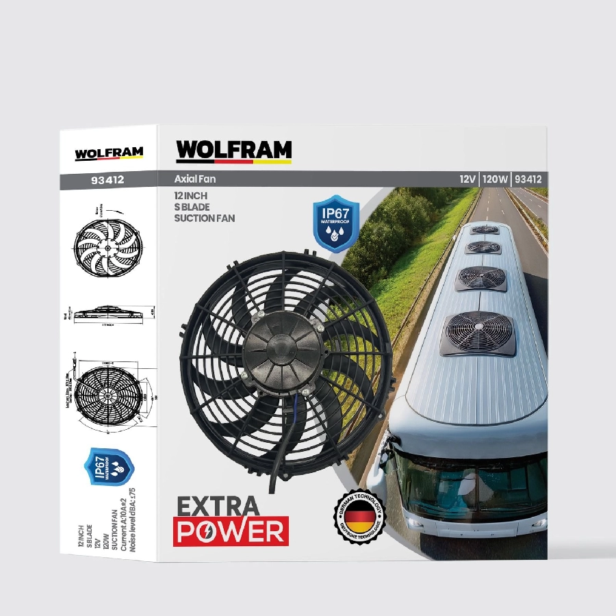Aksiyel Fan 12 İnch S Kanat IP67 Su Geçirmez 12V 120W | OEM 93412