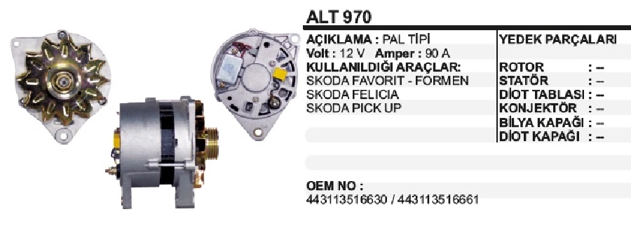 Alternatör 12V 75A Paltıpı Skoda, Favorit, Formen, Felicia, Pickup, 4 Kanallı Kasnak | OEM ALT970