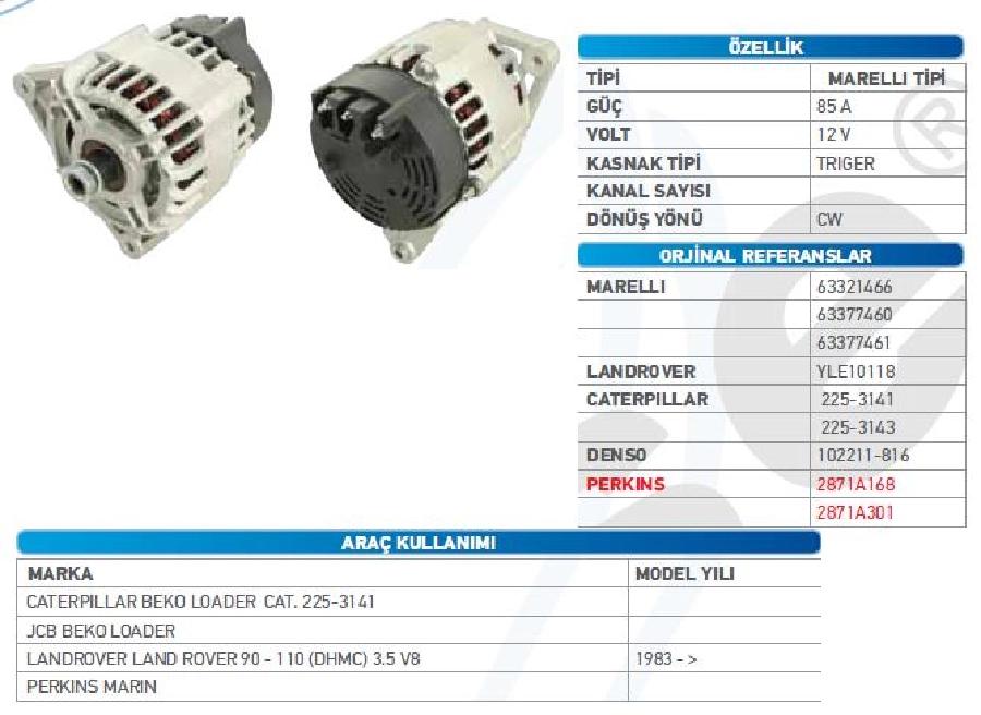 Alternatör 12V 85A Marelli Tipi DİNAMO1 Jcb 525-635 Caterpillar-Perkins Marine-Land Rover Pulesiz Al | OEM WUT.1101.0015
