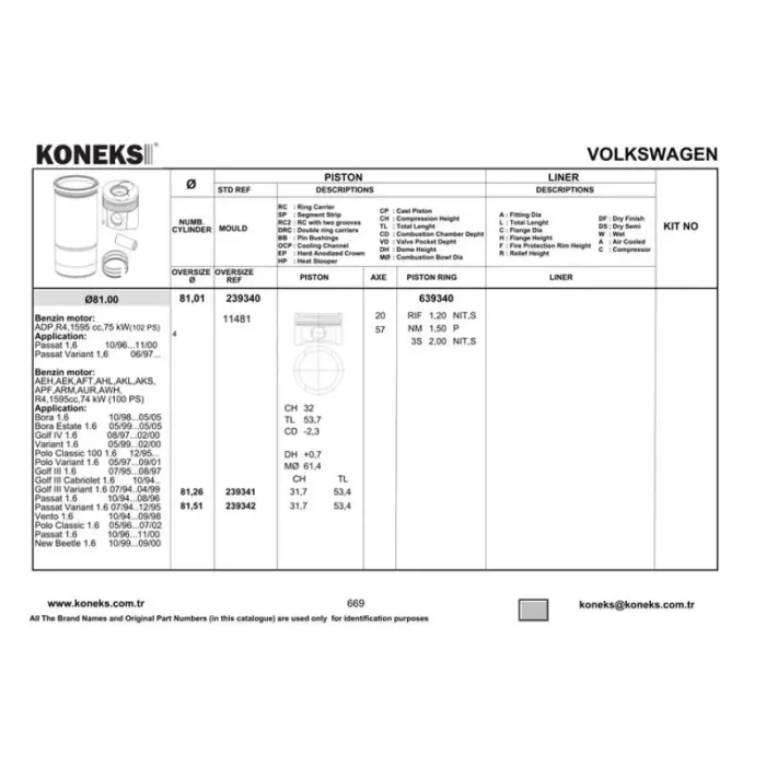 Piston+Segman (81,01MM Std) A3 A4 Cordoba Ibiza Toledo Octavia Golf 3 4 Beetle Passat Vento Akl Aft Adp Aeh Aek Afv Ahl Aks Apf Arm Aur Awh | KONEKS 239340 | OEM 050107065D 050107065E