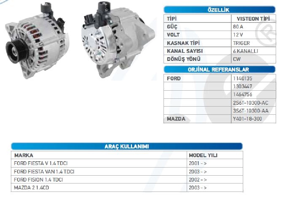 Alternatör Vısteon 12V 80A DİNAMO1 6 Kanallı Kasnak Fiesta V 1,4TDCI 2001 ve sonrası Fusıon 1,4TDCI 2002 ve sonrası 2 1.4 | OEM WUT.1101.0050