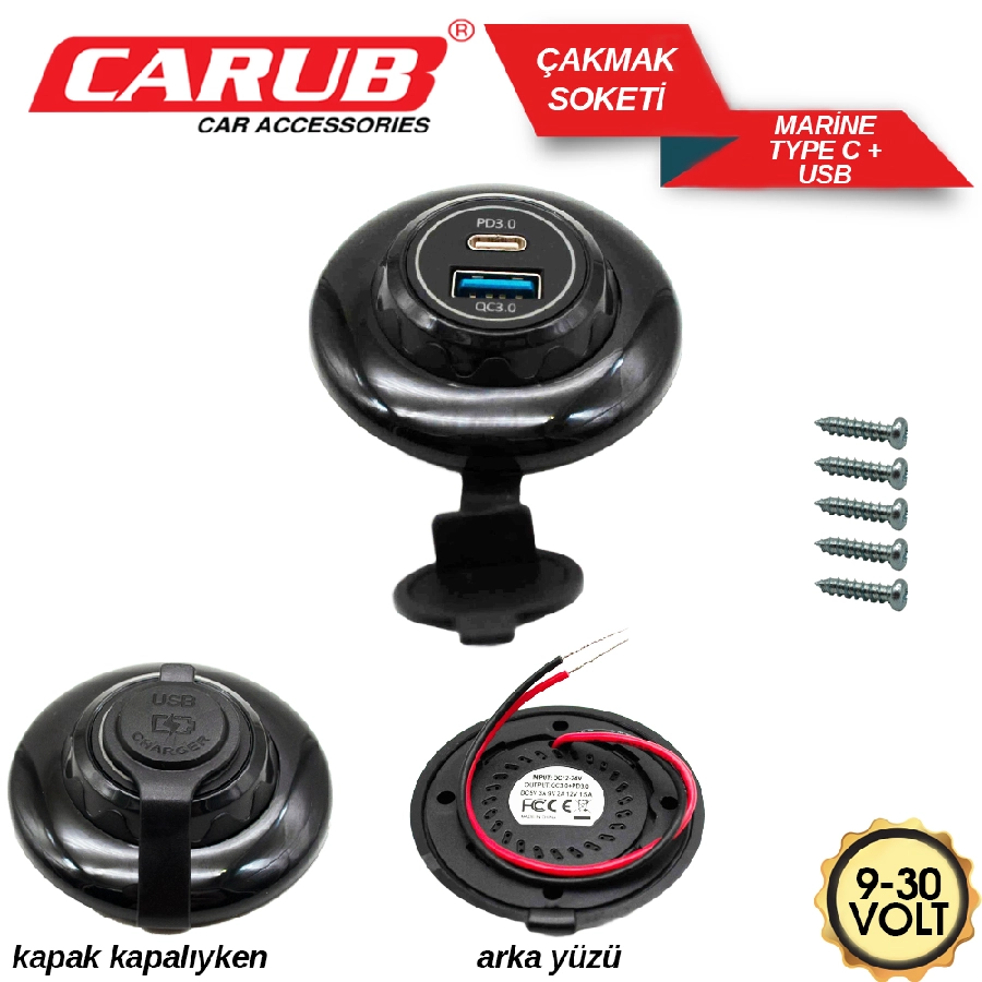 Çakmak Soketi USB 9-30V Marine 1 Type C + 1 USB | OEM BR1700818