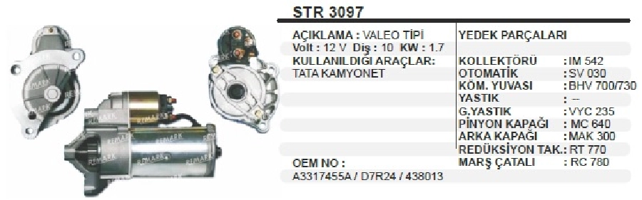 Marş Motoru 12V 10D 1,7 kW Valeo Tipi Tata Kamyonet ( D7R24 ) | OEM STR3097
