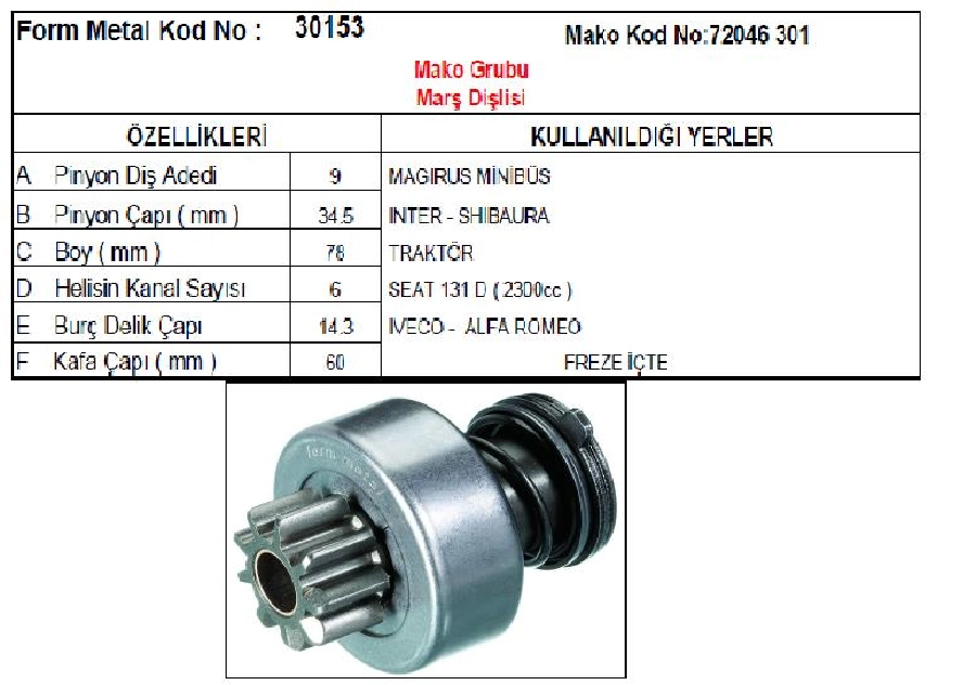 Marş Dişlisi Mako Tip Çatalsız 9D-İf-6K - Magirus Eski Model BOY:78 Pinyon Çapı:34,5 | OEM 30153