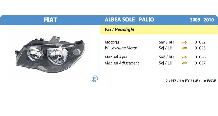 Fiat Albea Sole- Palio-Siena Siyah Far Sol 2009-2010 Motorlu 51773144 | OEM 101053