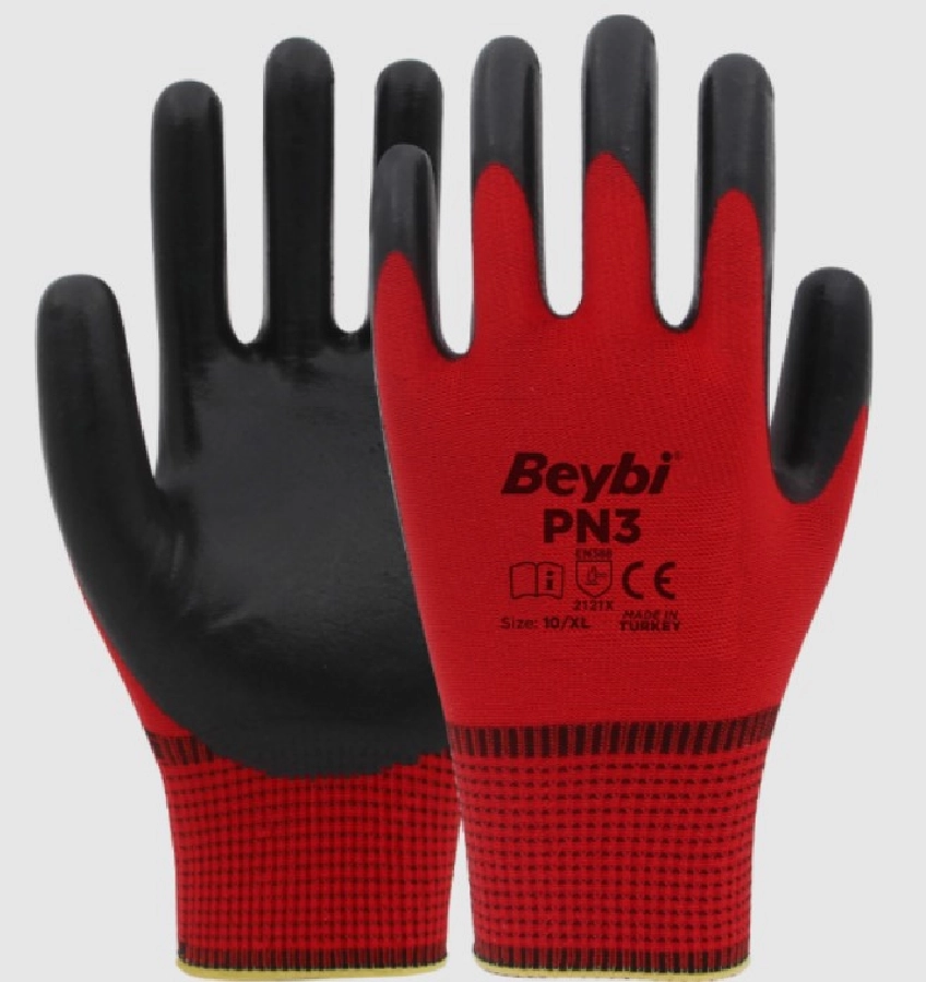 Polyester Örme Nitril İş Eldiveni (2 Adet) PN3 Kırmızı-Siyah | OEM PN3 KIRMIZI SIYAH