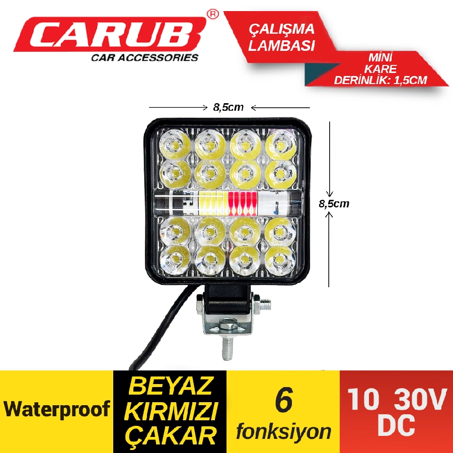 Çalışma Lambası 16 LED Mini 10-30V Beyaz Kırmızı Çakarlı 6 Fonksiyonlu 8,5X8,5cm | OEM BR3010594