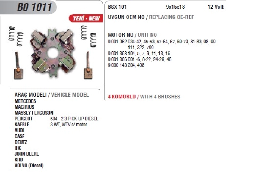 Marş Kömür Yuvası 12V İveco, Same Traktör, Fiat Traktör 55-70, 46-70, 56-70, Mercedes Magirus Audi John | OEM BO1011