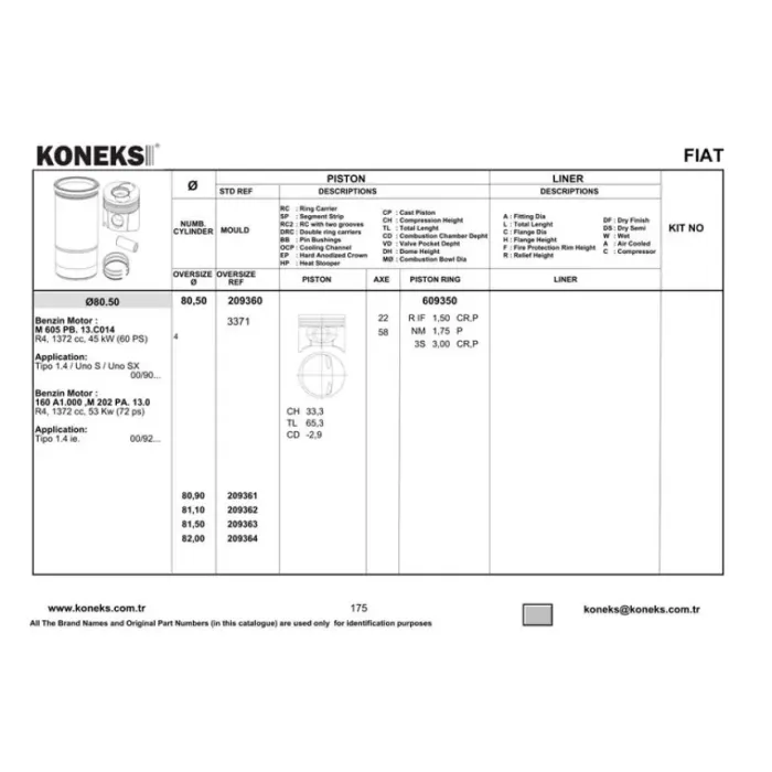 Piston+Segman 80,5MM (0,4MMFARKLI) Tipo - Uno 70 - Palio / 1.4 Ie (M605PB 13 C014) | KONEKS 209361 | OEM YENMAK 4303-040