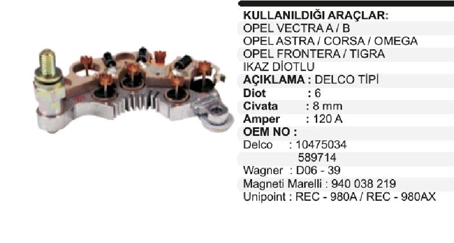 Diyot Tablası - Delco Tipi Vectra Yeni Model-Astra-Corsa-Omega-Frontera-Tigra | OEM VDER2000