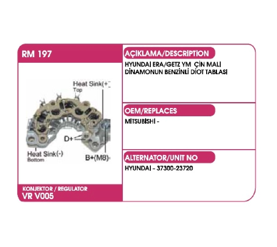 Diyot Tablası Mitsubishi Tip - Hyundai ERA*GETZ Yeni Model Çin Malı Dinamonun Benzinli Diot Tablası | OEM RM197