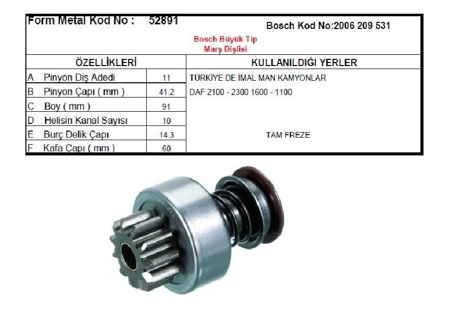 Marş Dişlisi 11D Bosch Tipi (0378) Pancar Steyr Traktör Duz Freze MAN Kamyon | OEM 52891