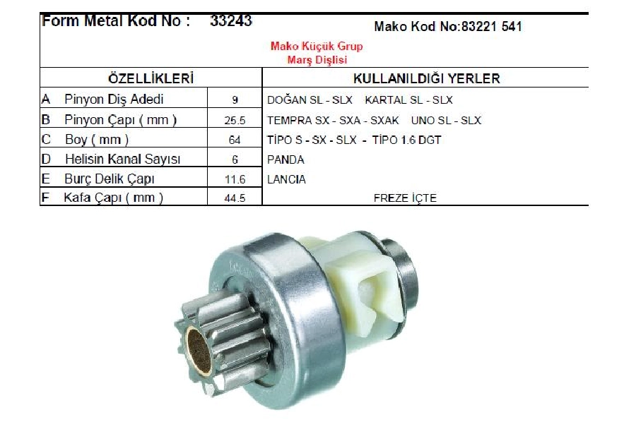Marş Dişlisi Mako Tip 9D - Tempra-Tipo-Uno-Doğan SLX-Kartal Sl, SLX | OEM 33243