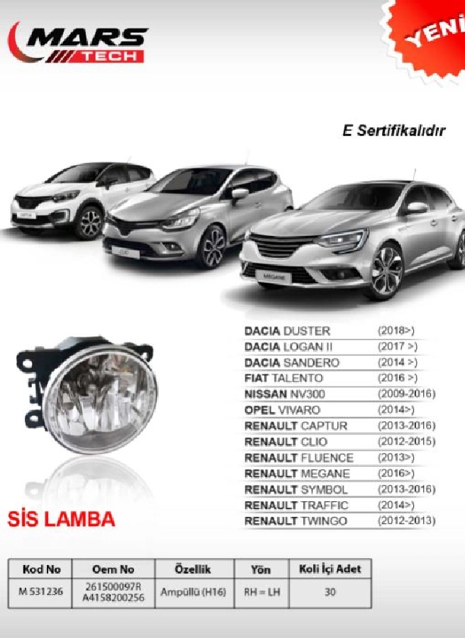 Renault Megane 4 Sis Lamba H16 Ampullü Dacia DUSTER2018 ve Sonrası-Logan 2 2017 ve Sonrası-Sandero 2014 ve Sonrası-Fiat TALENTO2016 ve Sonrası-Nıs | OEM M531236
