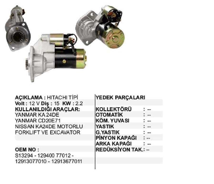 Marş Motoru 12V 2,2KW 15T John Deere Traktör-Yanmar Marine 4TN78-4TN82 Dizel KA24, CD20E71-K24DE | OEM STR6126