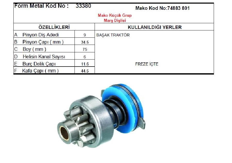 Marş Dişlisi 9D - Bahçe Traktörü Küçük, Pancar Motor 1300CC Mako Dinamolarda | OEM 33380