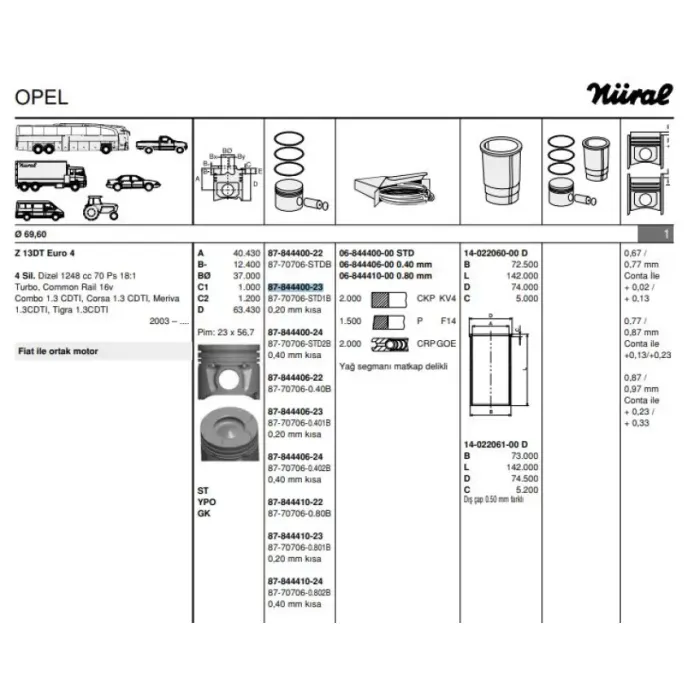 Motor Piston+Segmani Agila 1.3 Corsa 1.3 Meriva 1.3 Tigra 1.3 Albea 1.3 Multijet Doblo 1.3 Multijet Palio 1.3 Multijet Suzuki 1.3 Multijet Z 13DT 4 Sil. Dizel 1248 CC-70 Ps 18:1-TURBO, Common Rail (EURO4) [(69,60MM Std) (-0.20MM Kisa)] | GOETZE