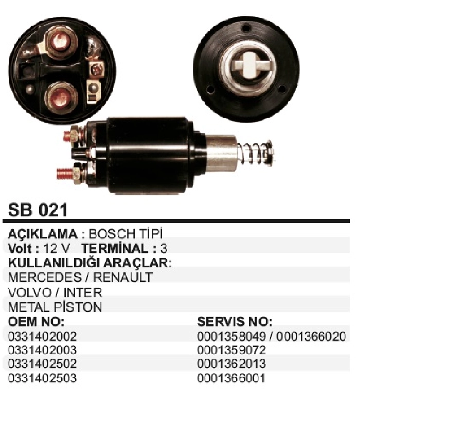 Marş Otom 12V 3 Delik Bosch Tipi Kalın Gövde Otoyol Iveco Otobus, Kamyon, John Deere, Volvo | OEM SSL1028