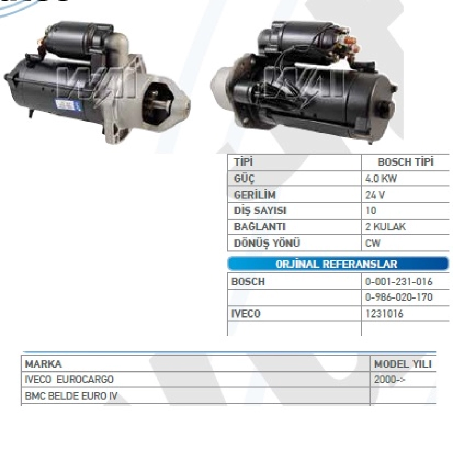 Marş Motoru 24V. 10D. 4.0 kW Bosch Tipi BMC Midilux, Profesyonel, İveco M175-17, 100E 17K, Tector 2 | OEM WUT.1107.0439