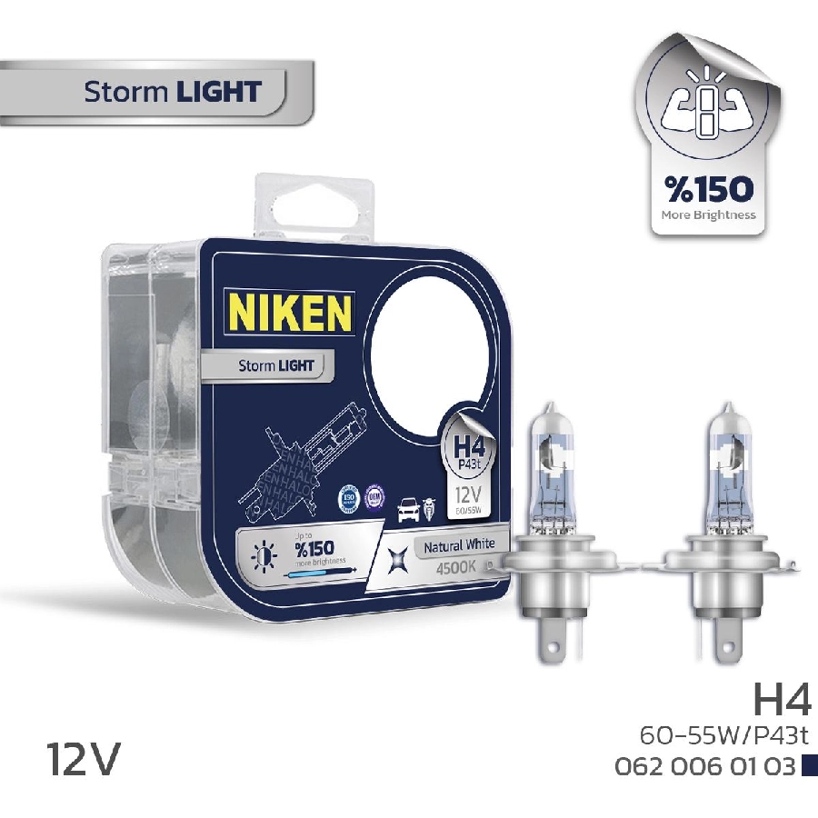 Ampul (2 Adet) 12V H4 60, 55W Storm Lıght P43t 4500K %150 Beyaz Işık | OEM 0620060103