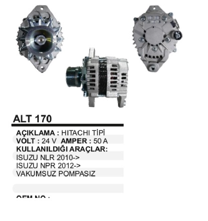Alternatör 24V 50A Isuzu Nlr, Npr Vakumsuz 2013 ve sonrası | OEM ALT170