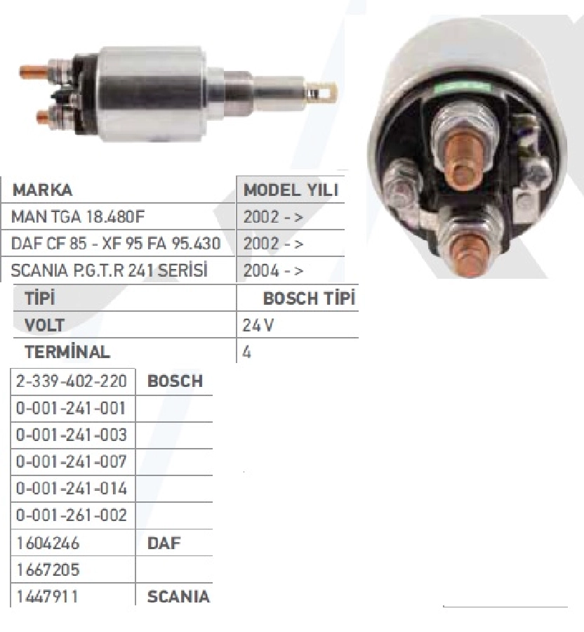 Marş Otom. 24V. Bosch Tipi MAN TGA - DAF Xf -Volvo -Scania 241 P G T R Serisi SNL91110 | OEM WUT.1109.0005