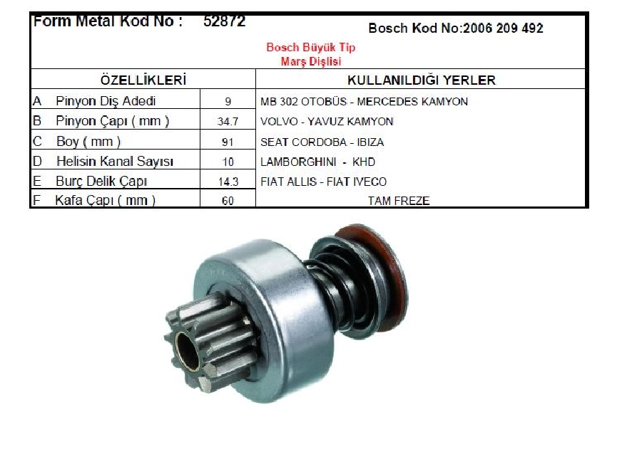 Marş Dişlisi Bosch Tipi 9 Dış 2006209492 Seat Cordoba Ibiza Mercedes Benz 302-2521 Kamyon, Fiat Allıs | OEM SDR1002