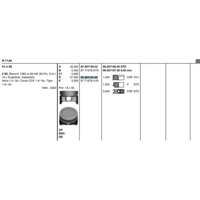 Piston Segman X14XE Corsa B Astra G (78,10MM) 050 | GOETZE 8771678050000G | OEM 5623045 90470219