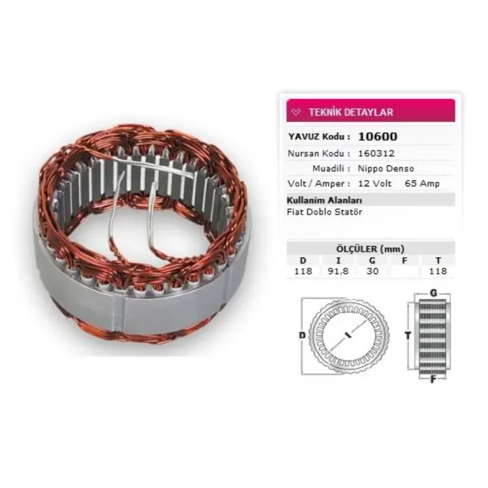 Stator Denso Tip 12V 65A Fiat Doblo Nursan 160312 | YAVUZ 10 600