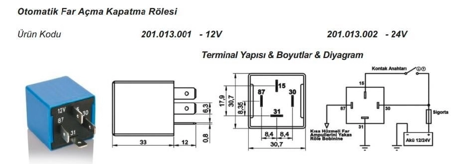 Otomatik Far Açma Kapatma Rölesi 12V | OEM 201013001