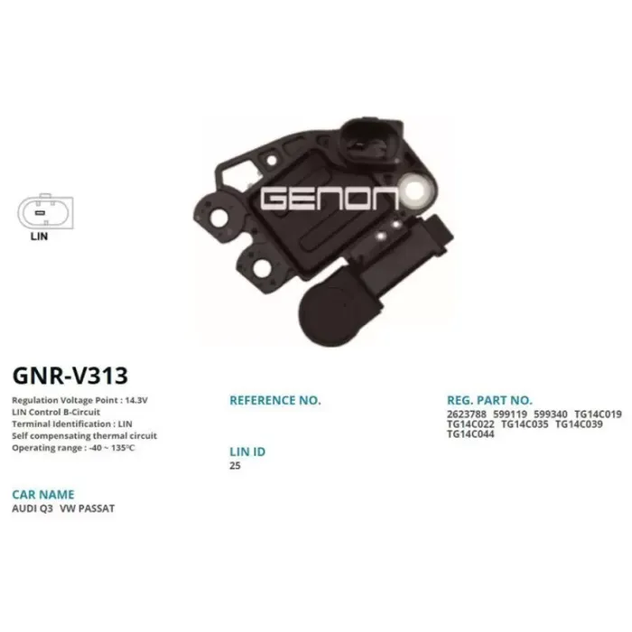 Alternator Konjektor Valeo Tip 12V Audi A4 - A5 - Q3 - Q5 / Seat Leon / Skoda Octavia / Volkswagen Passat (Lin) | GENON GNR-V313 | OEM VR-V3788 M603 2623788