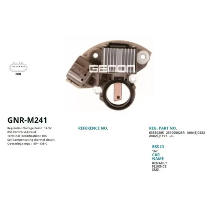 Alternator Konjektor Mitsubishi Tip 12V Renault Fluence (Bss) | GENON GNR-M241 | OEM VR-H2009-164 VR-H2009-184