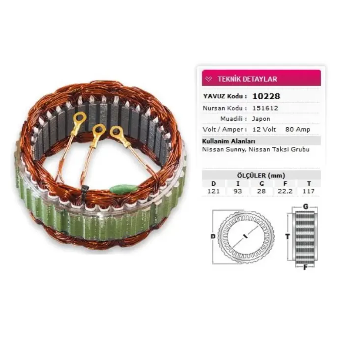 Stator Mitsubishi Tip 12V 80A Nissan Sunny Nissan Taksi Gurubu 3 Uclu Baslikli Nursan 151612 | YAVUZ 10 228